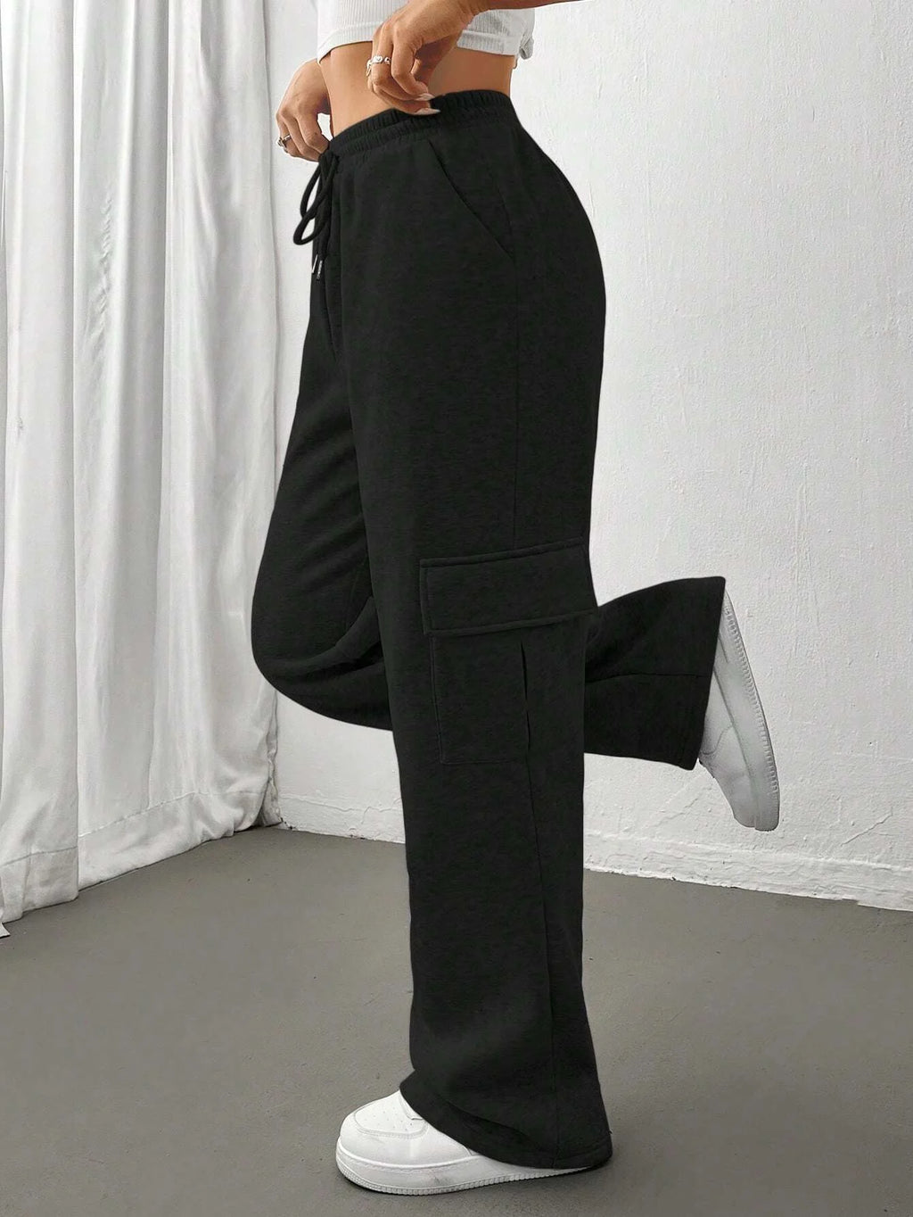 Women's Solid Thermal Lined Pants, Casual Comfy Side Pocket Drawstring Trousers for Winter, Women's Bottoms for Sport Daily Wear
