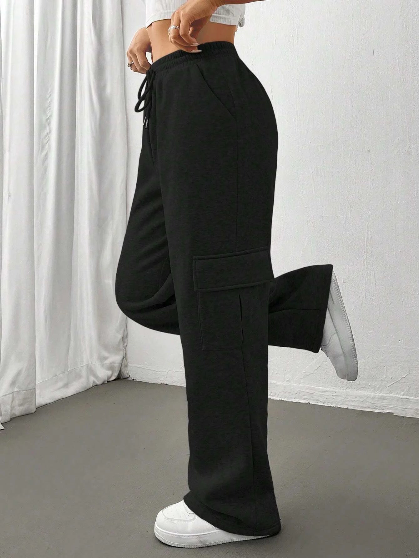 Women's Solid Thermal Lined Pants, Casual Comfy Side Pocket Drawstring Trousers for Winter, Women's Bottoms for Sport Daily Wear