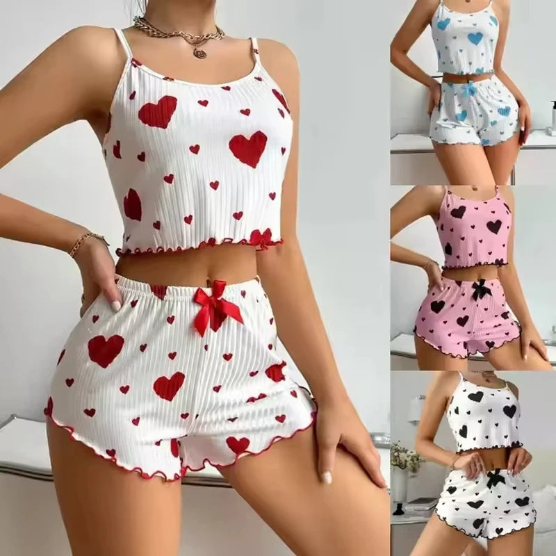 Women's Pajamas Set Sleepwear 2 PCS Short Tank Tops And Shorts S M L White Ventilate Soft Casual Love Printing