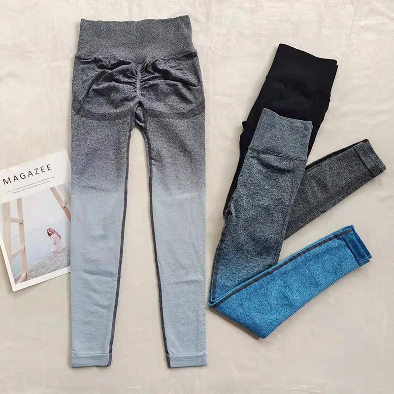 Sexy Butt Enhancing Gradient Color Tight Fitness Running Yoga Pants Quick Dry Slimming Nine-Tenths Length Breathable Nylon