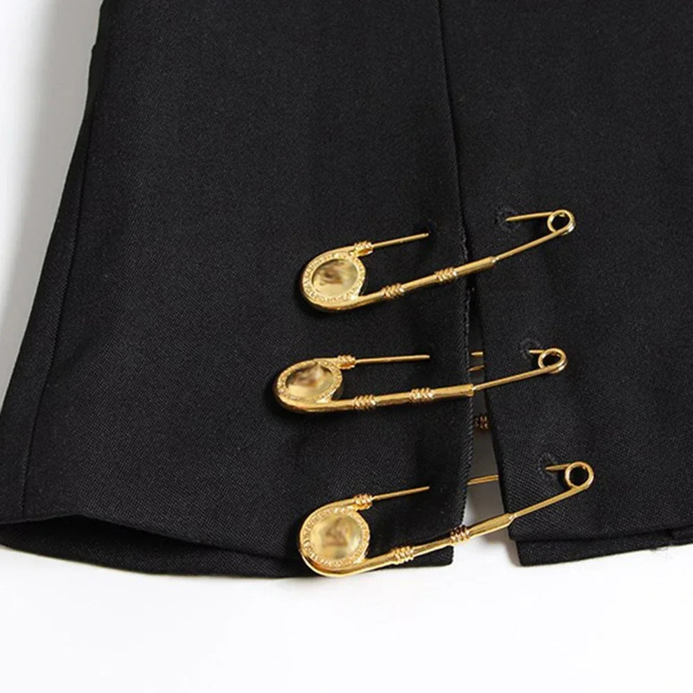 VGH Chic Spliced Metal Pin Slimming Blazer for Women Notched Collar Long Sleeve Patchwork Mesh Hollow Out Fashion Jacket Female