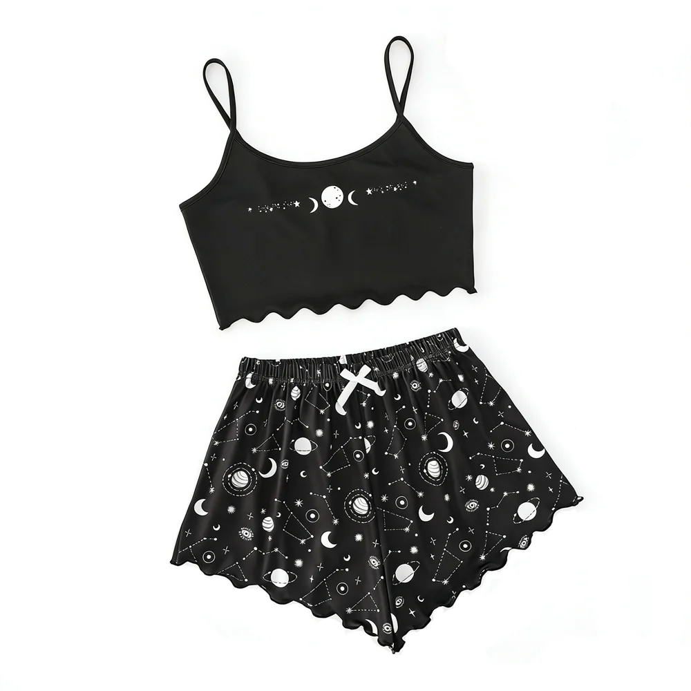 Summer Sleepwear for Women Pajamas Set Star Moon Printed Sleeveless Sling Crop Tops and Shorts Set Homewear Loungewear Pijama