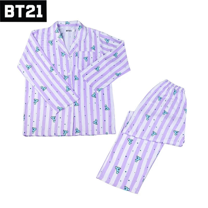 Kawaii Bt21 Tata Cooky Rj Pocket Short Sleeve and Shorts Pajama Set, Casual Satin Sleepwear with Lapel Collar and Button Detail