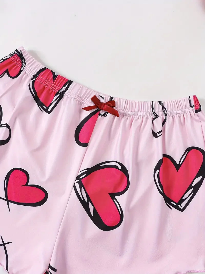 Summer Women's Sexy Pajamas Set Heart Print Sling Sleepwear V-Neck Pyjamas Sleeveless Cute Top and Shorts Loungewear