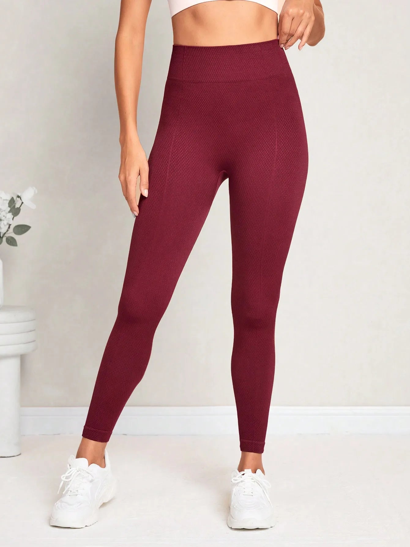 Wine Red Honeycomb Textured Leggings Women High Waist Seamless Yoga Pants Butt Lifting Tummy Control Fitness Workout Tights