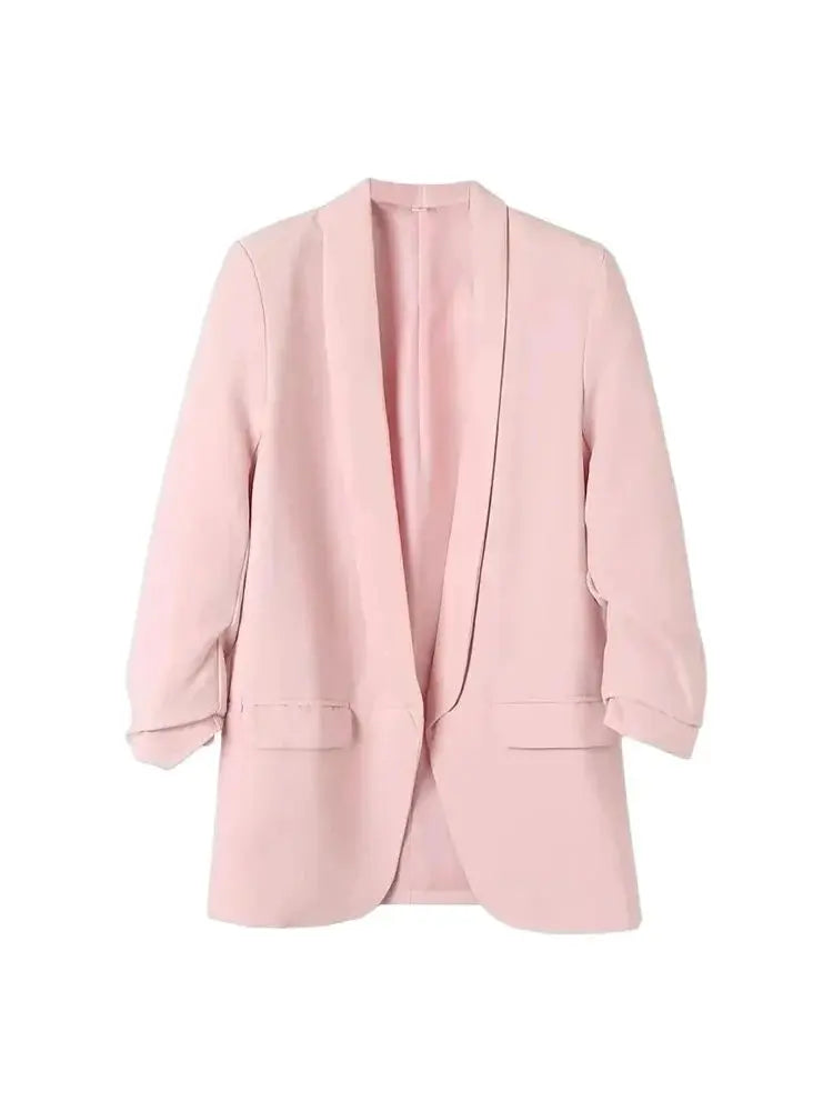 Women Fashion Office Wear Open Blazer Coat Vintage Long Pleated Sleeves Flap Pockets Female Outerwear Chic Tops