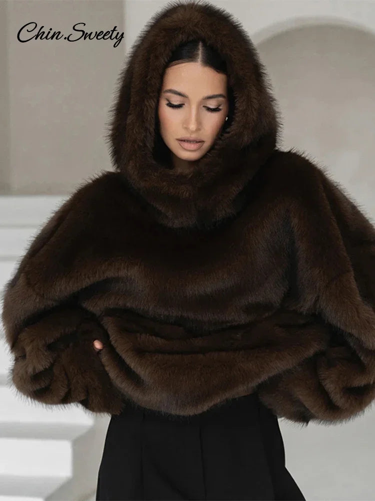 Women Solid Faux Fur Hooded Pullover Casual Full Sleeve Warm Loose Thick Tops Lady New Daily Chic Elegant Winter Outwear 2025