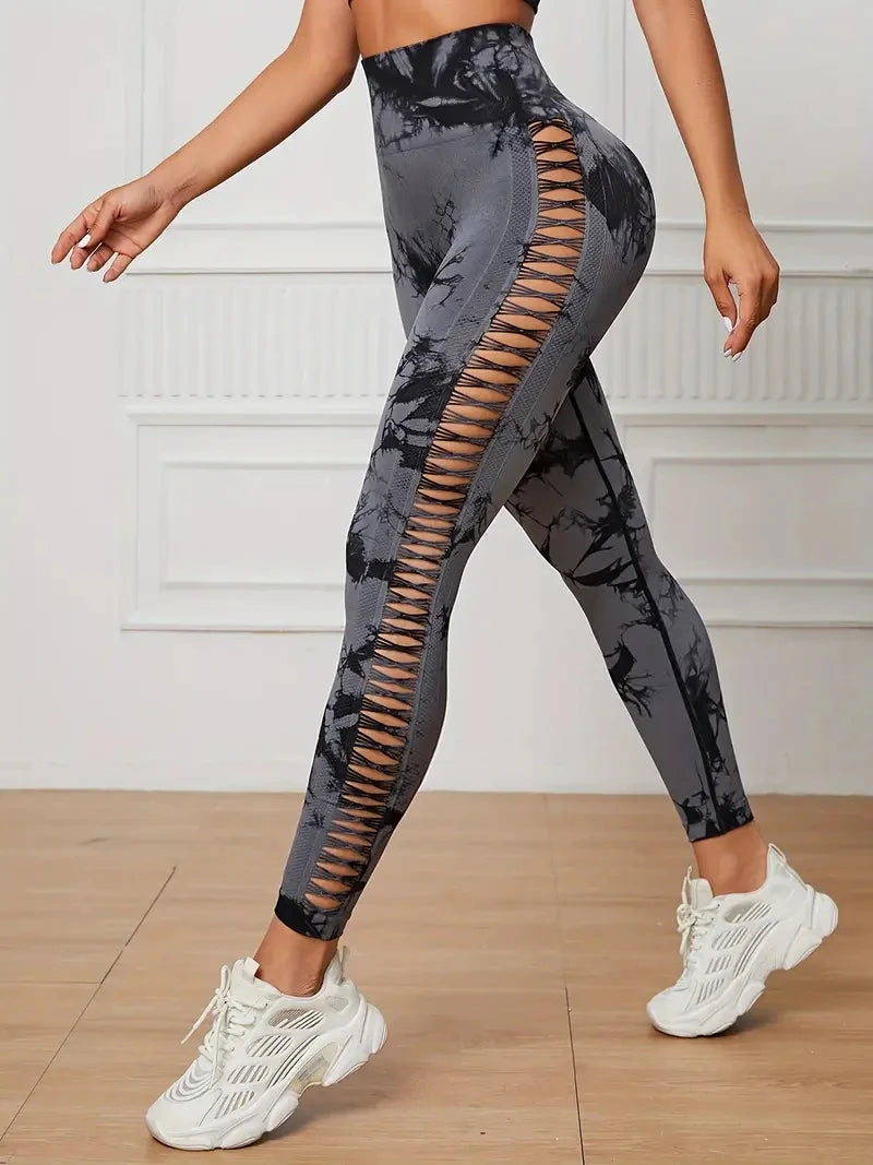 Women's High Waist Tie Dye Peach Butt Lifting Pants Sexy Cutout Breathable Stretchy Slim Fit for Workout Training