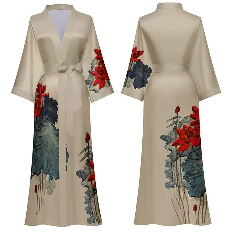 New Spring Summer Women Long Robe Kimono Bathrobe Gown Sexy Black Print Sleepwear Nightgown Casual Half Sleeve Satin Home Dress