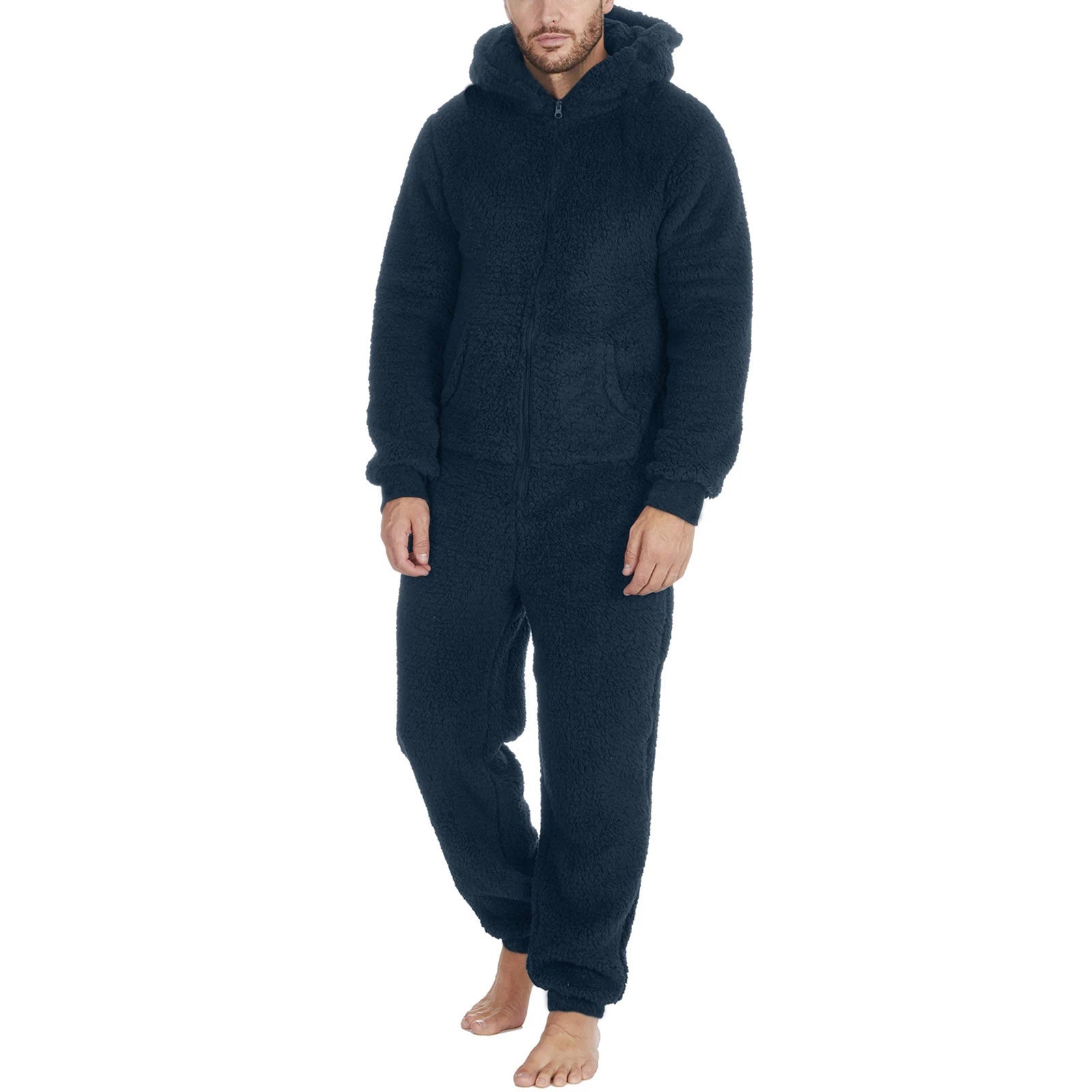 Men's Hooded Pajamas Autumn and Winter Thickened Jumpsuit Hooded Clothing Fleece Zipper Front Full Length Jumpsuit Sleepwear