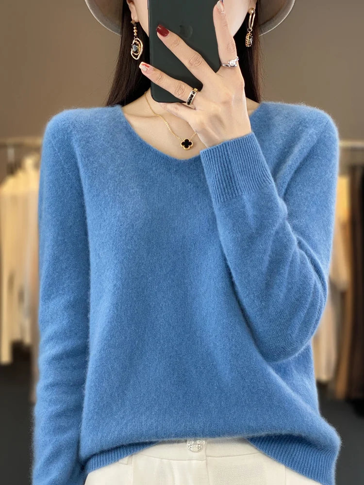 New Autumn And Winter Fashion First-Line Sweater 100% Pure Wool Women's V-Neck Pullover Knitted Base DMR201