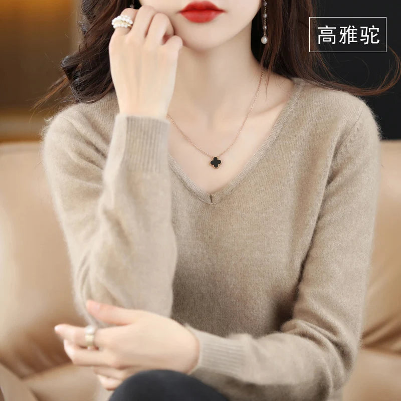 Autumn and Winter New Women's Sweater 100% Mink Cashmere Women's V-neck Pullover Casual Knitting Basic Fashion Large Top