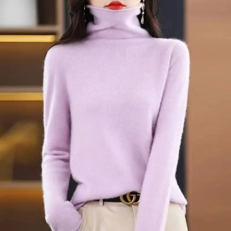 100% Wool Fold Neck Sweater Women's AutumnWinter High Neck Long Sleeved Solid Color Warm Pullover Sweater Knitted Jumper Top