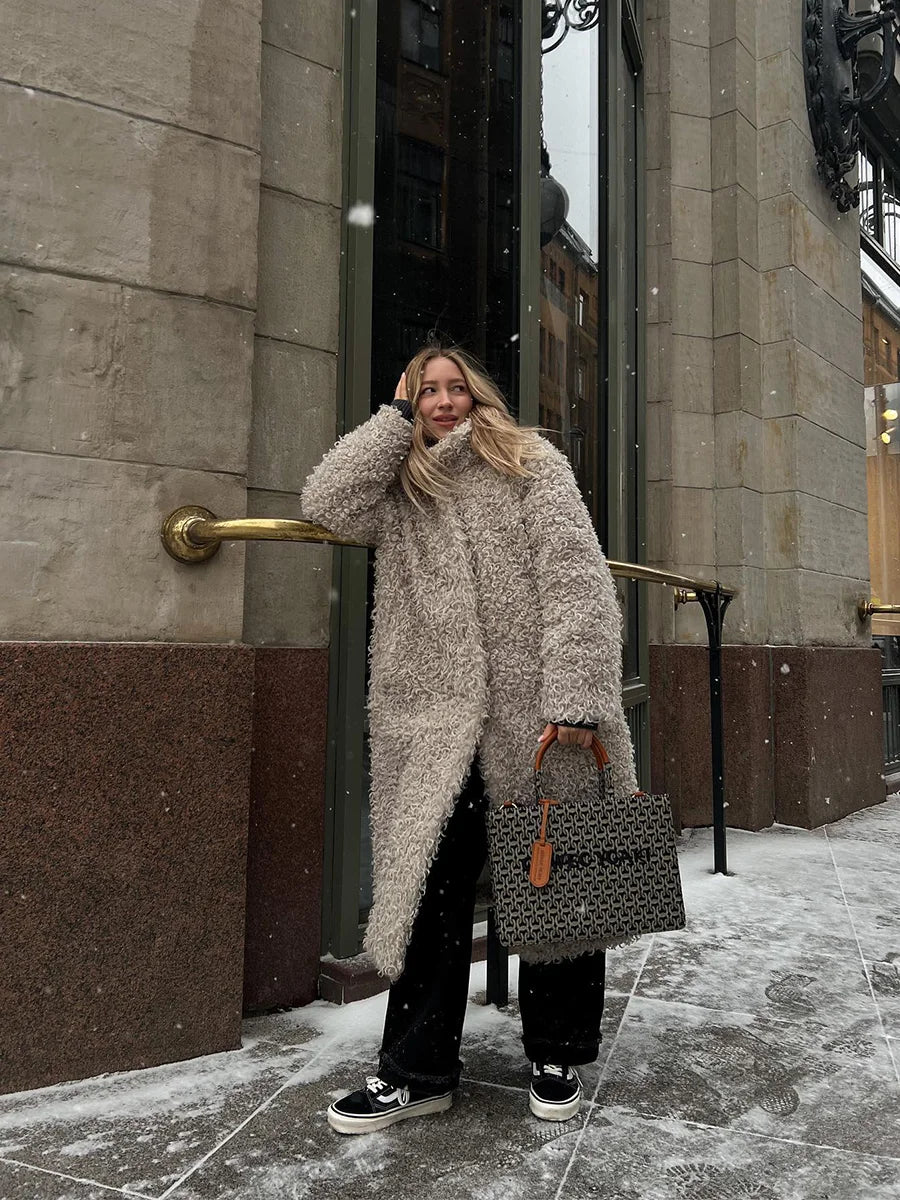 Gray Wool Faux Fur Shearling Long Coat for Women Winter 2025 Winter Fashion Trendy Teddy Maxi Coat Monki Curly Clean Fit Outwear