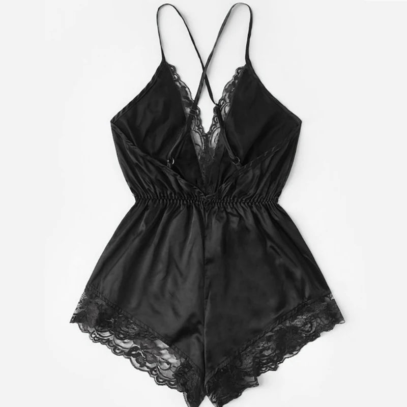 Summer New Sexy Fashion Women Lace Splice Trim Backless Bow Shorts V-Neck Bodysuit Women Sleep Wear Set
