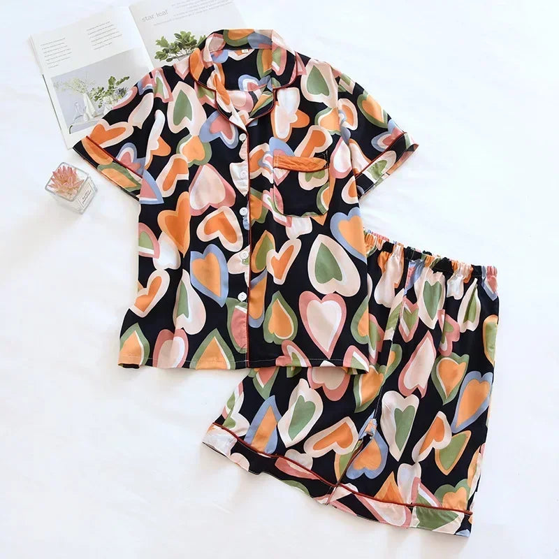 Women's Pajamas Set Short-sleeved Shorts Home Pijima Loose Two-piece Suit for Home Sleepwear Printed Plus Size Female Pijima