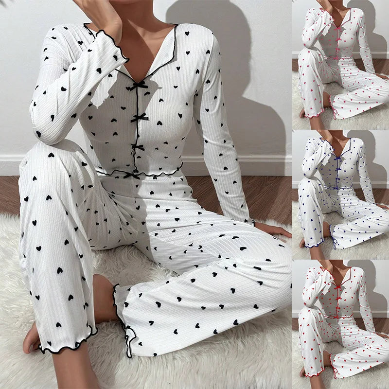 2 Piece Sets Women Pajamas Suit Top Pants Ensemble Sleepwear Heart Print Bow Loungewear Female Autumn Outfits Nightwear 2025