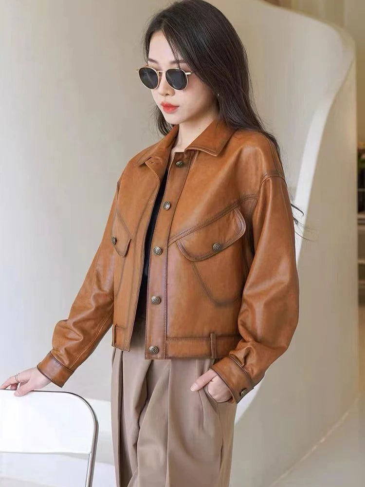 Khaki Genuine Leather Jacket Winter Coat Women Sheepskin Short Casual All-match Show Thin Locomotive Small Chaqueta Jassen Dames