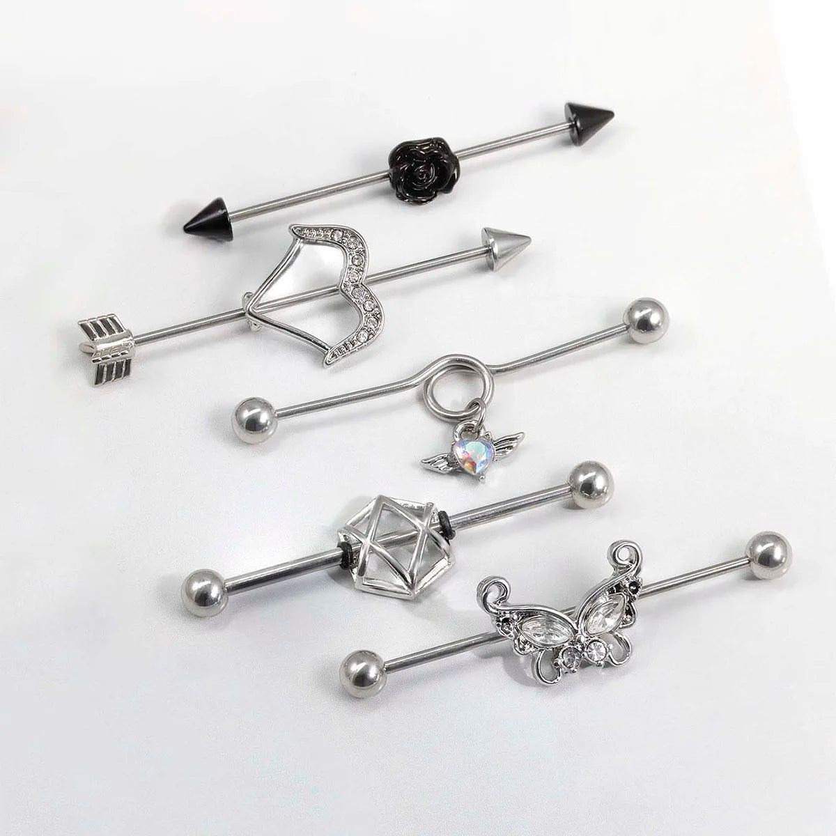 1 Pcs Stainless Steel Bow Butterfly Pendant Female Punk Industrial Barbell Cartilage Earring Tragus Long Spiral Piercing Jewelry