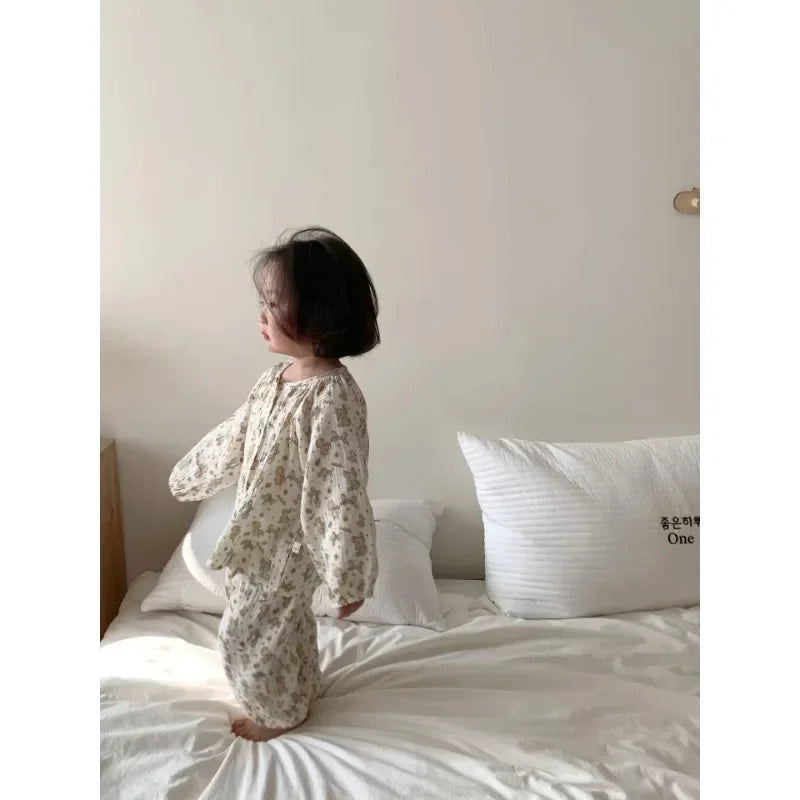 Children's Spring Grade Pajama Set Boys Girls Kids Cartoon Double Layer Gauze Home Clothing Set Baby Sleepwear Two-Piece Set