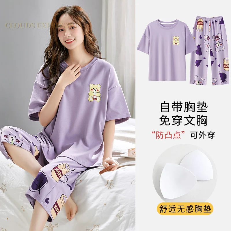 Summer Nightwear Pj Young Womens Pajama Sets Bust-Padded Pyjamas Femme Cartoon Sleepwear Female Loungewear Pijama Mujer Homewear