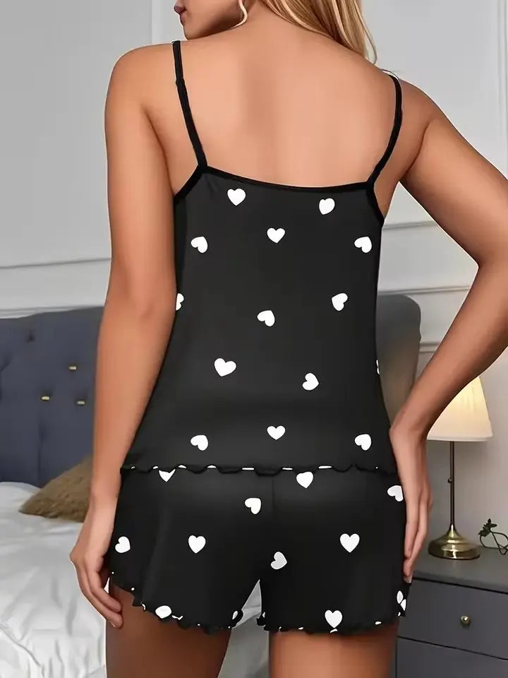 S M L XL 2XL 5 Size Choose Women's Two-Piece Suspender Heart Printed Top and Shorts Women's Casual Printed Pajama Set Homewear