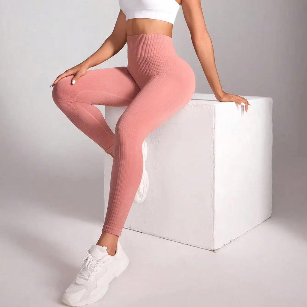 Pink Ribbed Yoga Leggings Women High Waist Seamless Tummy Control Butt Lifting Fitness Workout Tights Gym Sportswear