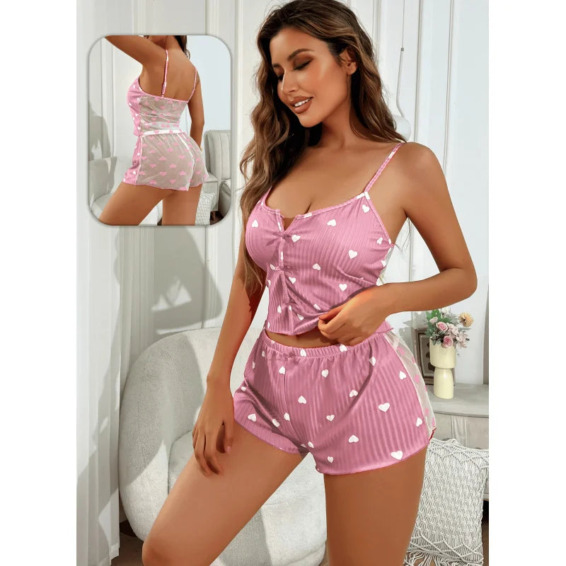 Women's 2-Piece Pajamas Set Sheer Mesh Loungewear Heart Print Cami Top shorts Sleepwear White Ventilate comfortable homewear