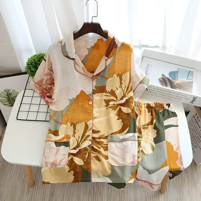 Women's Pajamas Set Short-sleeved Shorts Home Pijima Loose Two-piece Suit for Home Sleepwear Printed Plus Size Female Pijima