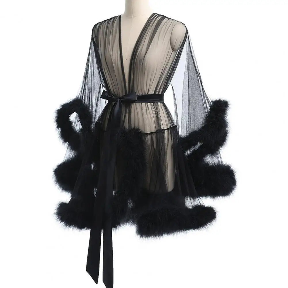 Women Solid Color Nightgown Mesh Ruffle Nightgown with Adjustable Waist Tie Sexy Plush Trim Sleepwear for Women Elegant Solid
