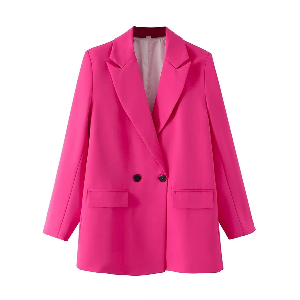Women Chic Office Lady Double Breasted Blazer Vintage Coat Fashion Notched Collar Long Sleeve Ladies Outerwear Stylish Tops