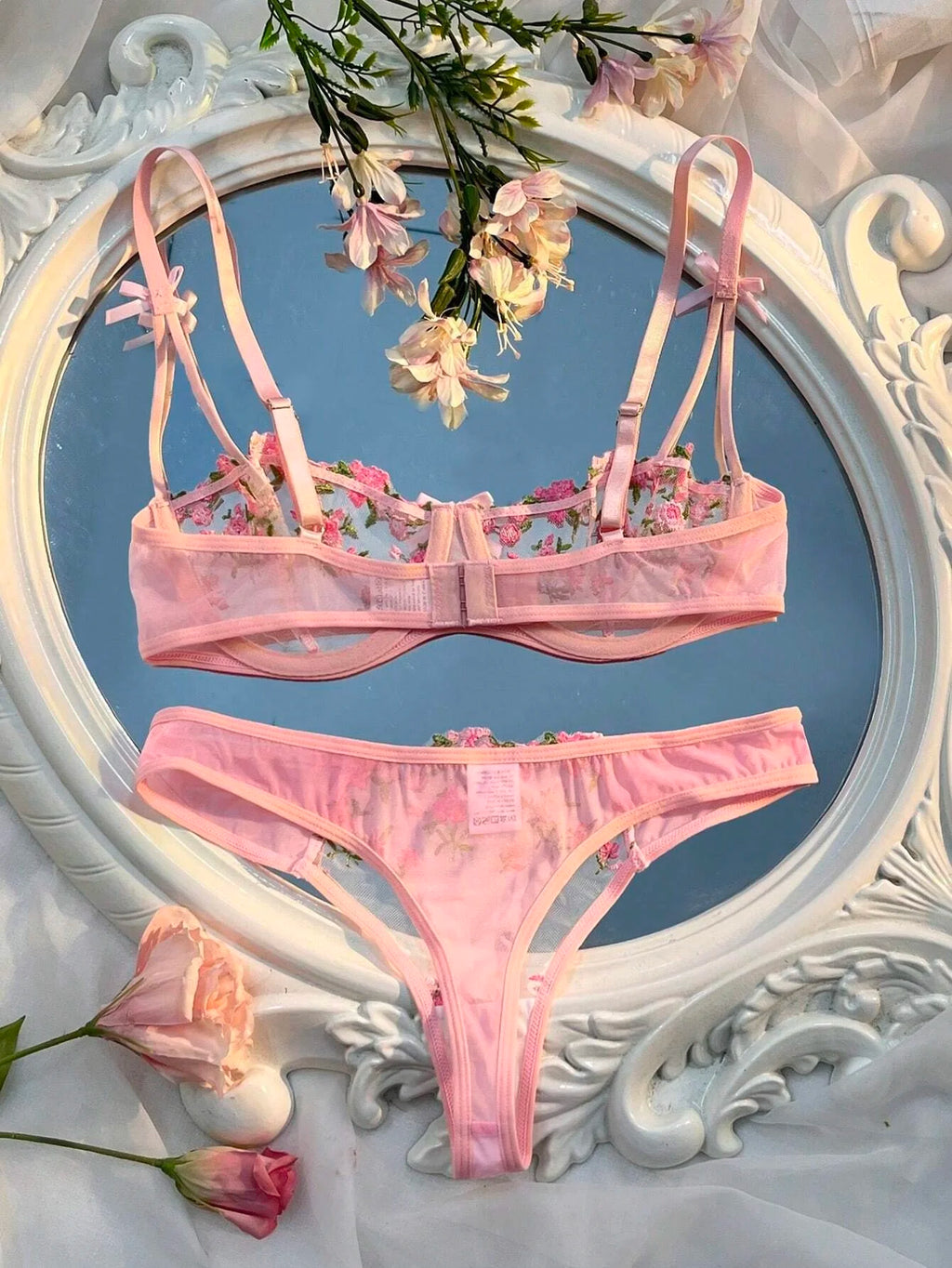 Sweety Women Floral Embroidery Bra And Briefs Set Hollow Sleepwear Underwear Ultrathin Lace Transparent Babydoll Cute No-pad Bow