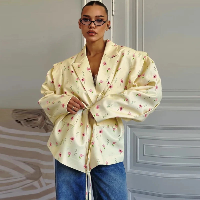 Solid Lapel Blazer Jacket For Women Oversize Notched Single Breasted Shoulder Pads Jackets 2025 Office Lady Long Sleeve Tops