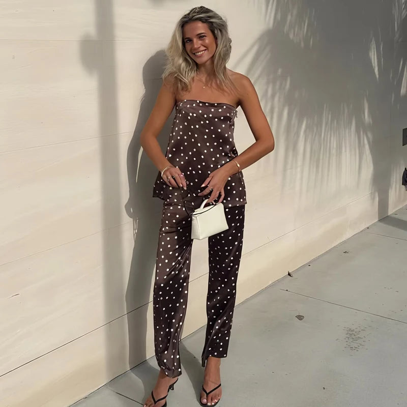 MUJER Polka Dot Pants Set Women 2 Piece Satin High Waist Woman Trousers Suits Corset Crop Top Woman Summer Outfit Women's Pants