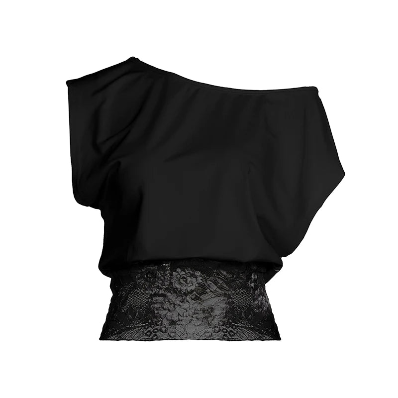 Elegant Patchwork Lace T-Shirt See Through Slim-Fitting Crew Neck Off-Shoulder Tees Women 2026 Fashion New （Two Design Styles）