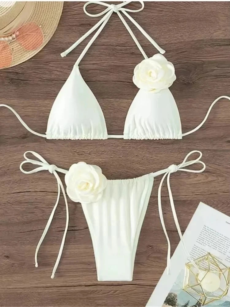 Sexy Flower Bandeau Swimwear Thong Bikini Women Lace-up Swimsuits Swimming Bathing Suit Brazilian Bikinis Set Mujer Biquini