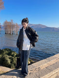 Black Motorcycle Short Leather Jacket Women's 2026 New Style Spring Autumn Trendy Small Size Commute Wind Loose Fit
