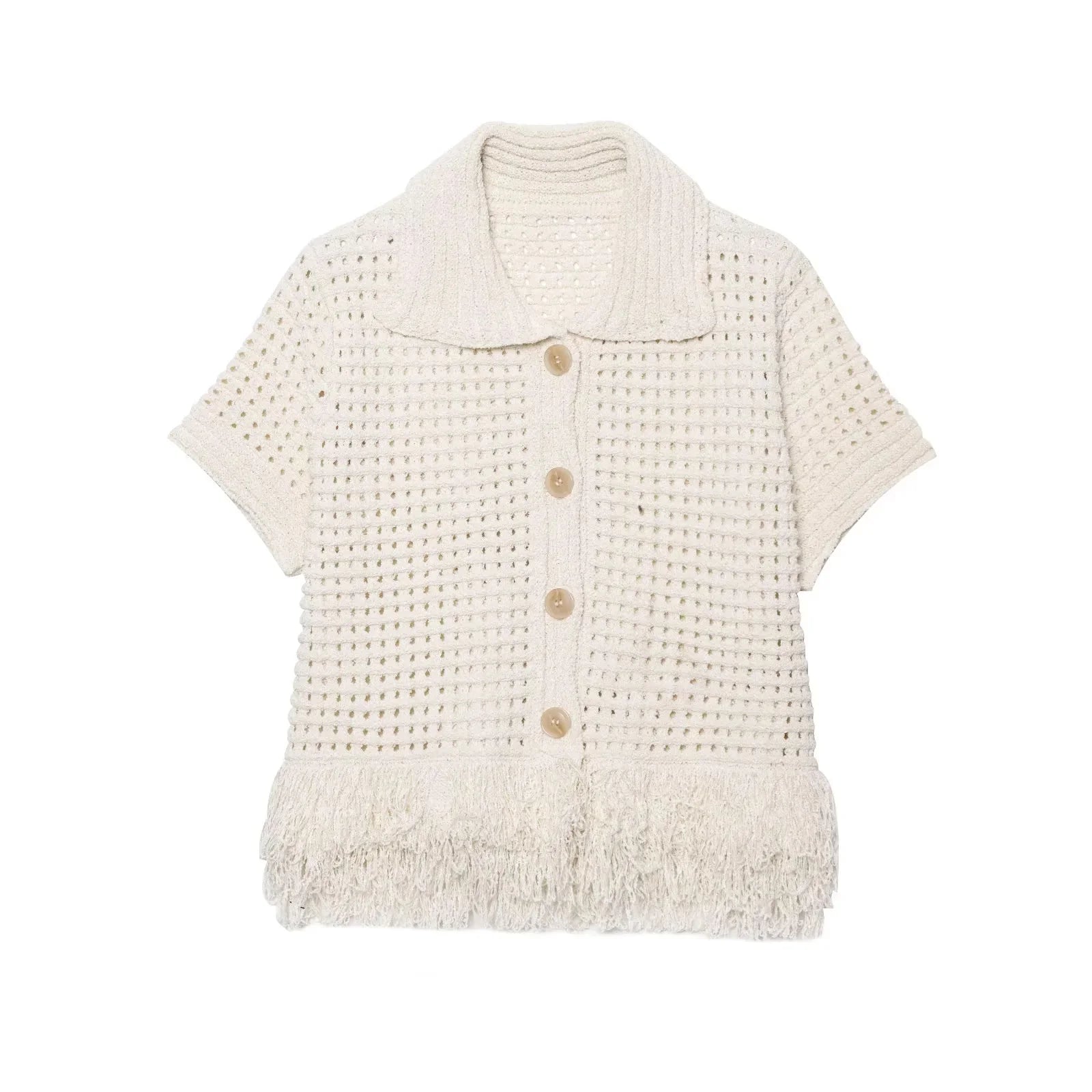 KONDALA 2026 Spring Summer Elegant Knitted Tassel Solid Women Suit Turndown Collar Hollow Out Shirt Elastic Wasit Mini Skirt