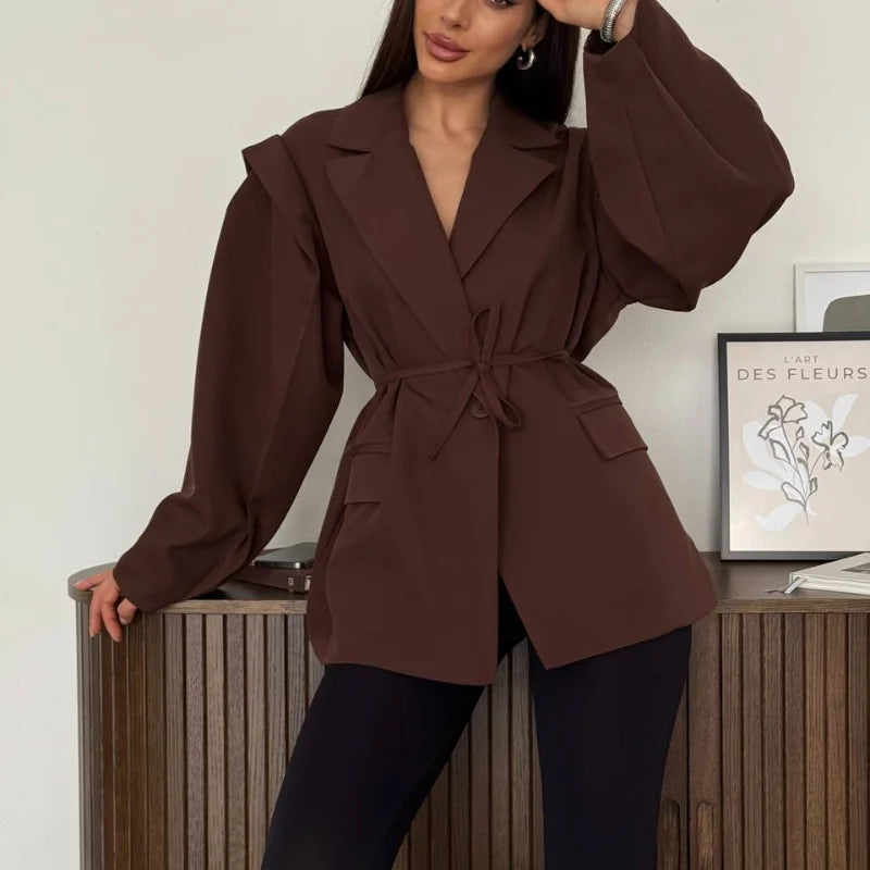 Solid Lapel Blazer Jacket For Women Oversize Notched Single Breasted Shoulder Pads Jackets 2025 Office Lady Long Sleeve Tops