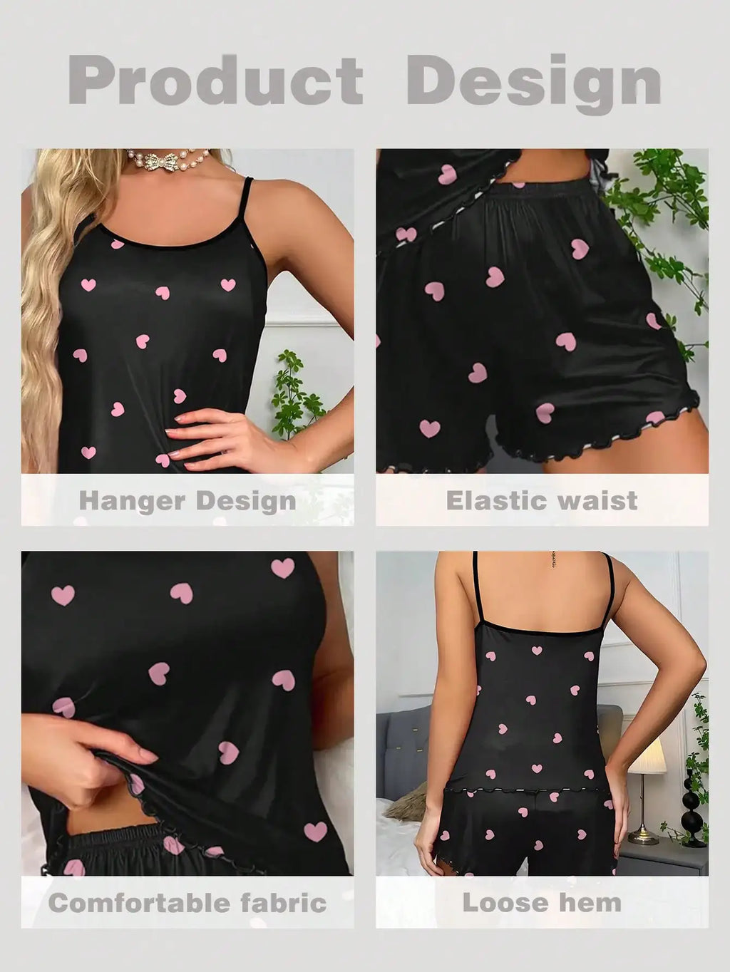 Women Pajamas Sleepwear Pajama 2pcs Set Camisole Shorts Love Print Scoop Neck Cami Top Backless Lettuce Trim Ice Silk Comfortabl