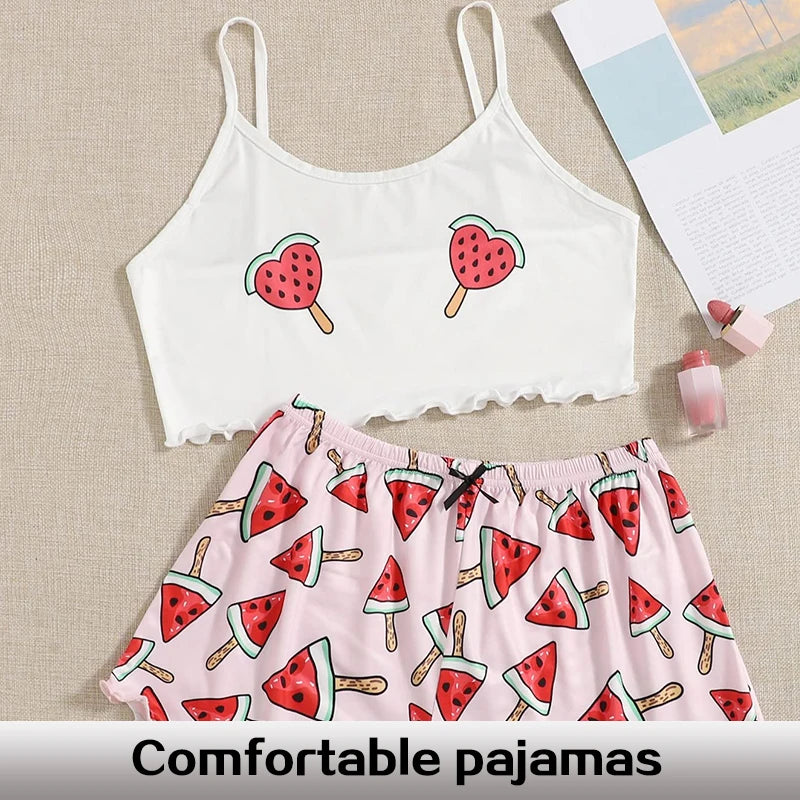 Summer New Comfortable Two-Piece Milk Silk Pink Printed Watermelon Suspender Sexy Women's Home Sleepwear Set