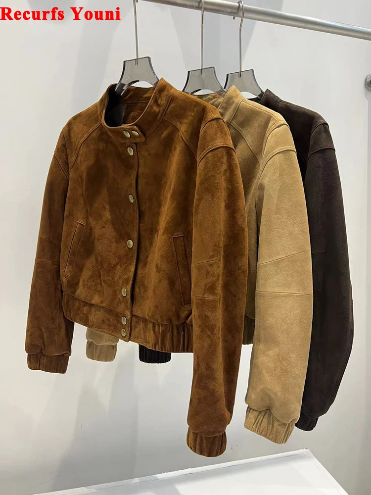 2026 Imported Goat Suede Jacket For Women Retro Standing Collar Versatile Slimming Elastic Waist  Leather Coat Chaquetas Bomber