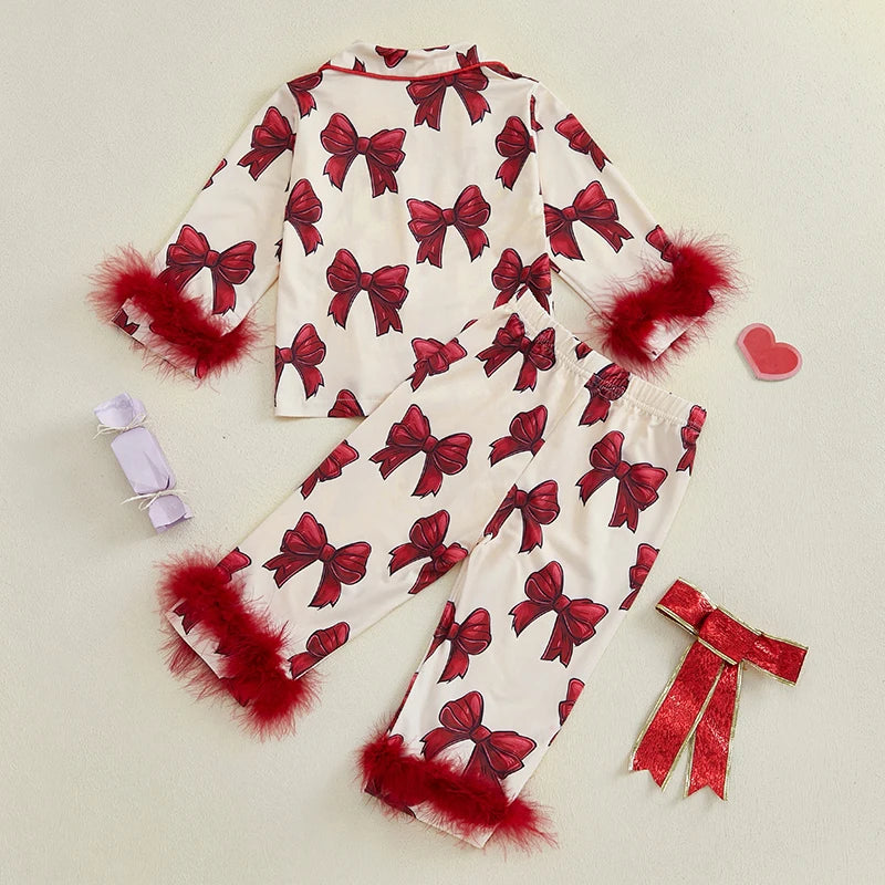 Cute Infant Baby Girl 2Pcs Pajamas Feather Trim Long Sleeve Bow Print Shirt + Pants Set Toddler Sleepwear Homewear Clothing