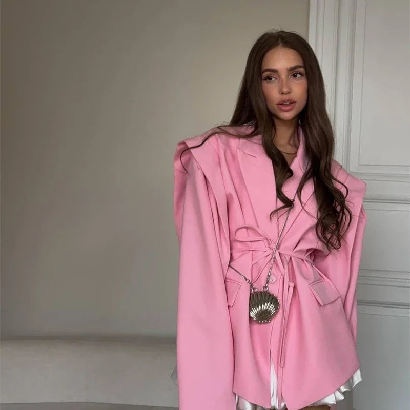 Solid Lapel Blazer Jacket For Women Oversize Notched Single Breasted Shoulder Pads Jackets 2025 Office Lady Long Sleeve Tops