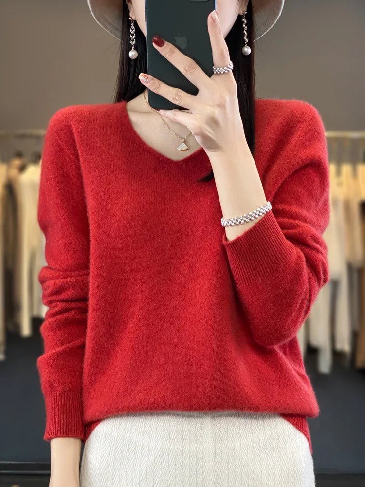 New Autumn And Winter Fashion First-Line Sweater 100% Pure Wool Women's V-Neck Pullover Knitted Base DMR201