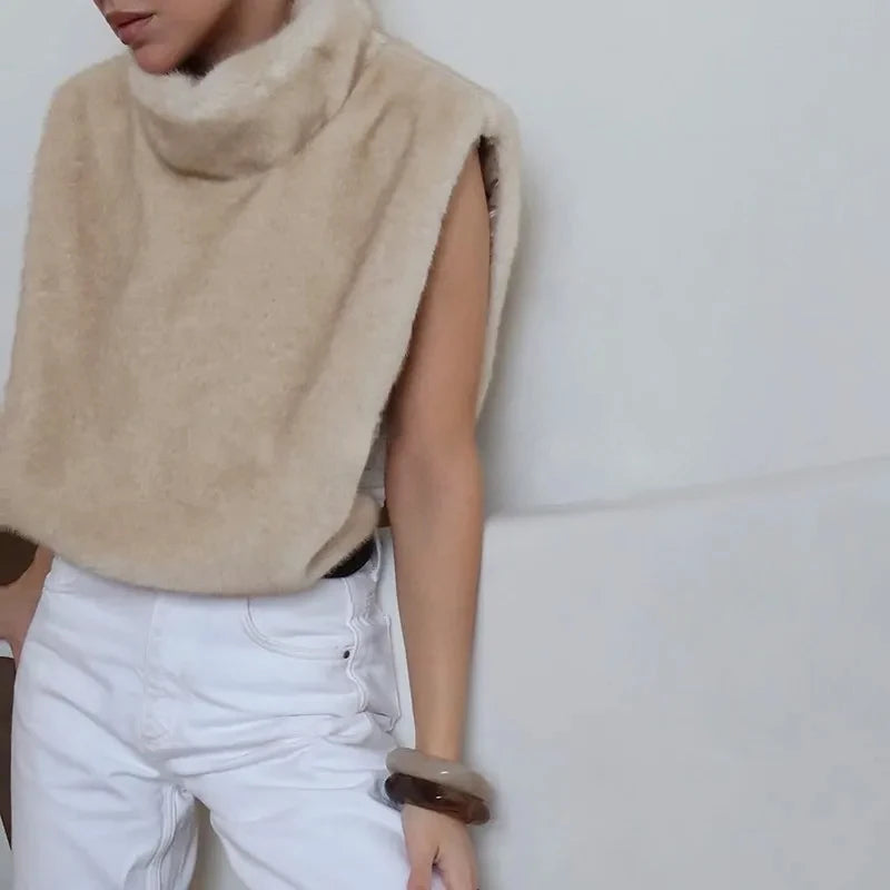 2025 Brand Fashion Warm Faux Fur Sable Vest Crop Top Autumn Winter Turtleneck Faux Mink Fur Tank Tops Sleeveless Jacket Coat