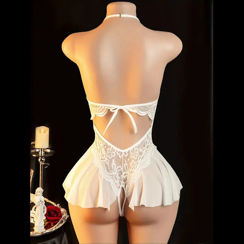 Transparent Porno Lace Underwear Neck-hanging Bra One-piece Thong Set Woman Intimate Sexy Lingerie Erotic Sleepwear Night Dress