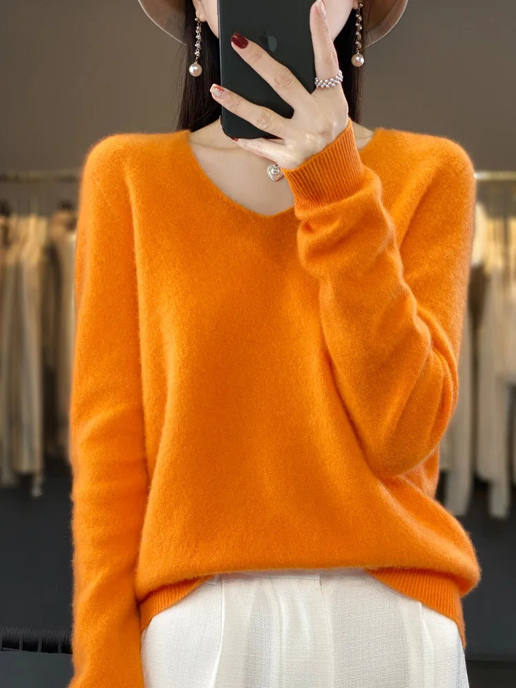 New Autumn And Winter Fashion First-Line Sweater 100% Pure Wool Women's V-Neck Pullover Knitted Base DMR201