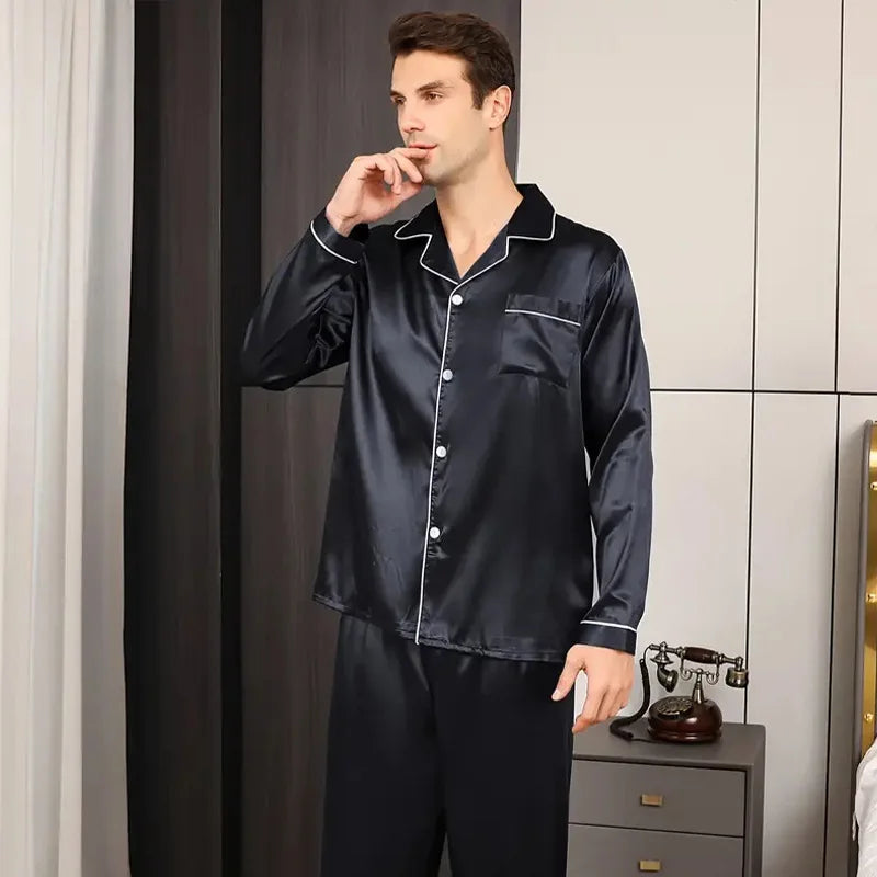 2PCS/Set Plus Size Solid Long-Sleeved Pyjamas Men Spring and Autumn Silk Sleepwear Homewear Cardigan Lapel Trousers Nightwear