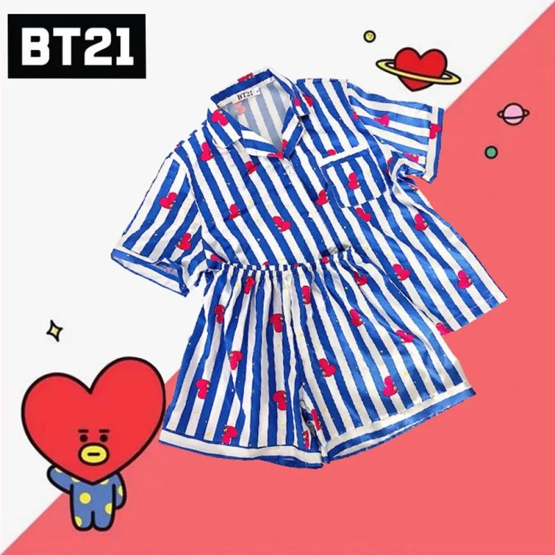 Kawaii Bt21 Tata Cooky Rj Pocket Short Sleeve and Shorts Pajama Set, Casual Satin Sleepwear with Lapel Collar and Button Detail